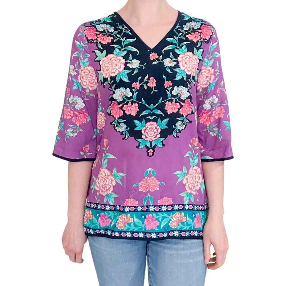 Tolani Anthropologie long sleeve floral print paisley top blouse shirt purple